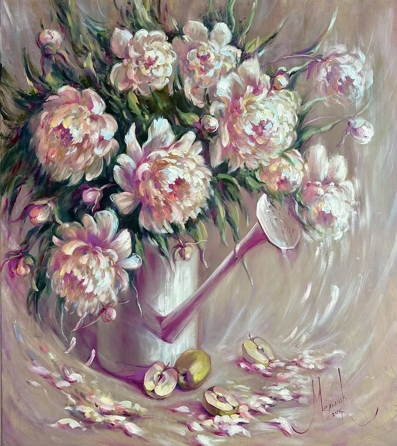 Зображення "Sorbet Peonies" від Iryna Melnyk, розмір: 90x100 cm, матеріали: Oil, canvas , медіум: Живопис, серія: My garden blooms, ціна: $700