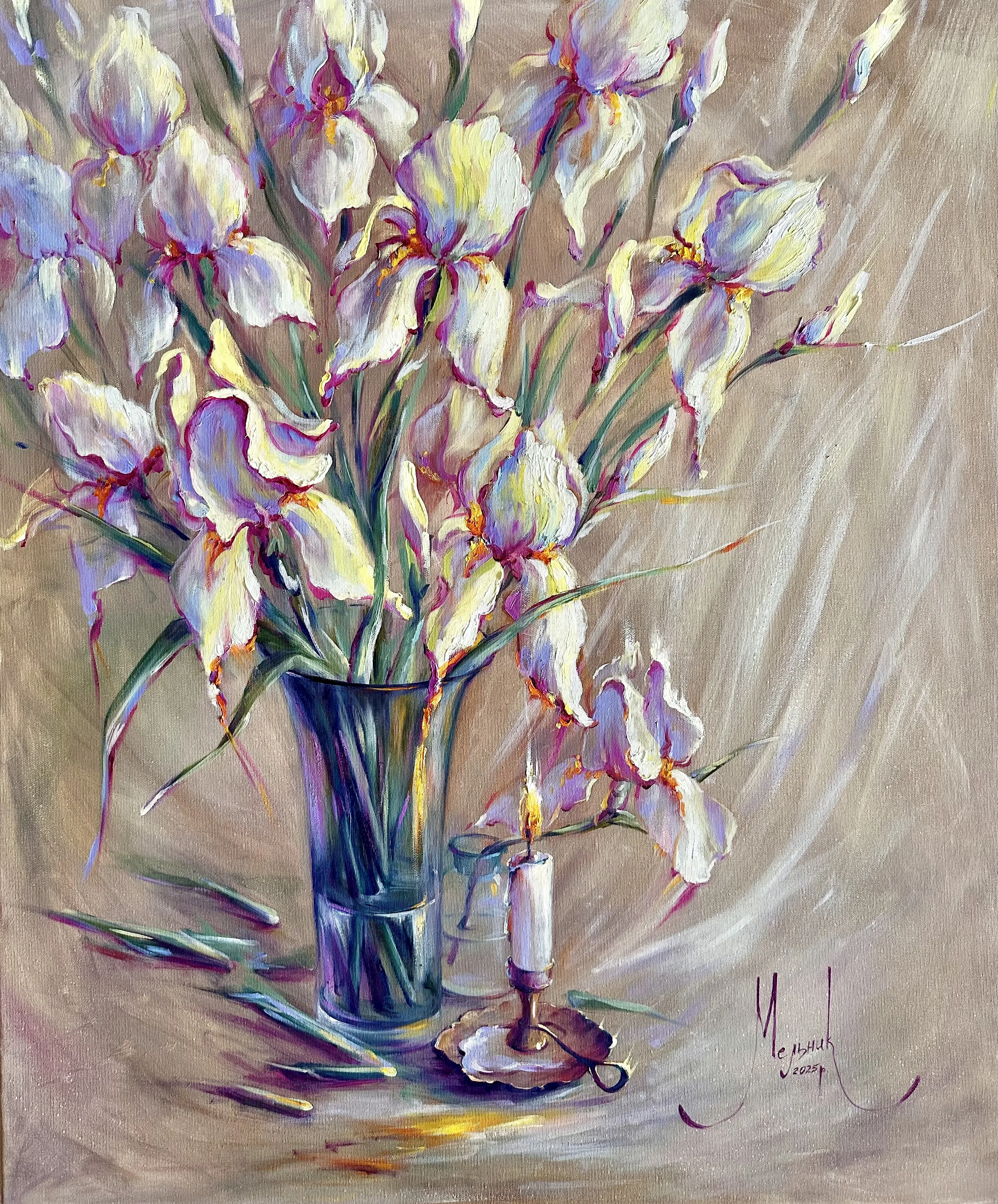 Зображення "Ascension Irises Adorned" від Iryna Melnyk, розмір: 70x80 cm, матеріали: Oil, canvas , медіум: Живопис, місто: Kamieniec-Podolski, серія: My garden blooms, ціна: $600