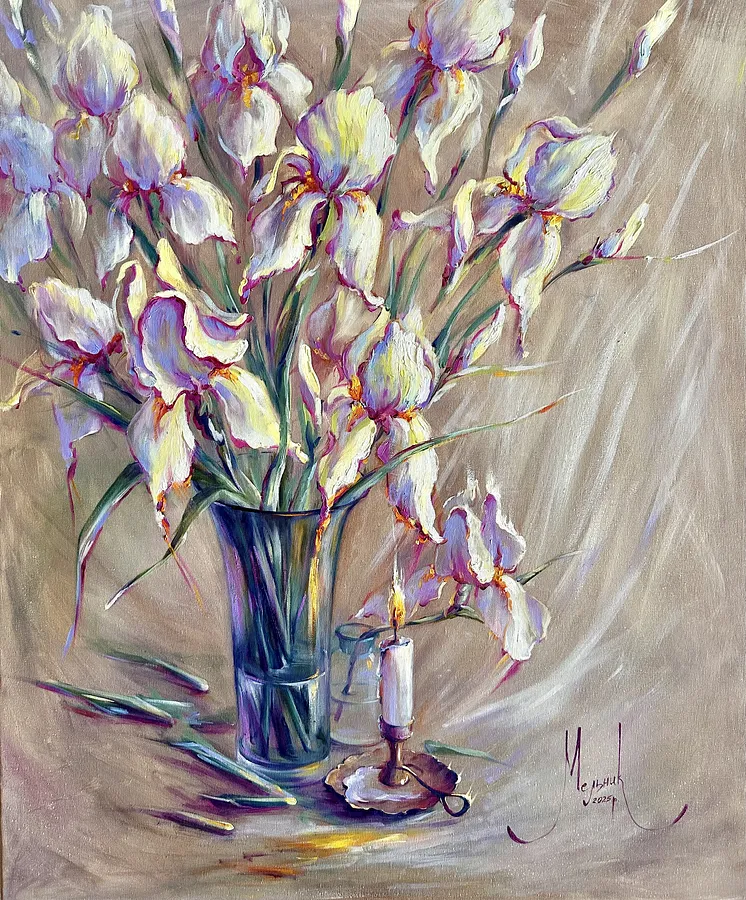 Зображення "Ascension Irises Adorned" від Iryna Melnyk, розмір: 70x80 cm, матеріали: Oil, canvas , медіум: Живопис, місто: Kamieniec-Podolski, серія: My garden blooms, ціна: $600