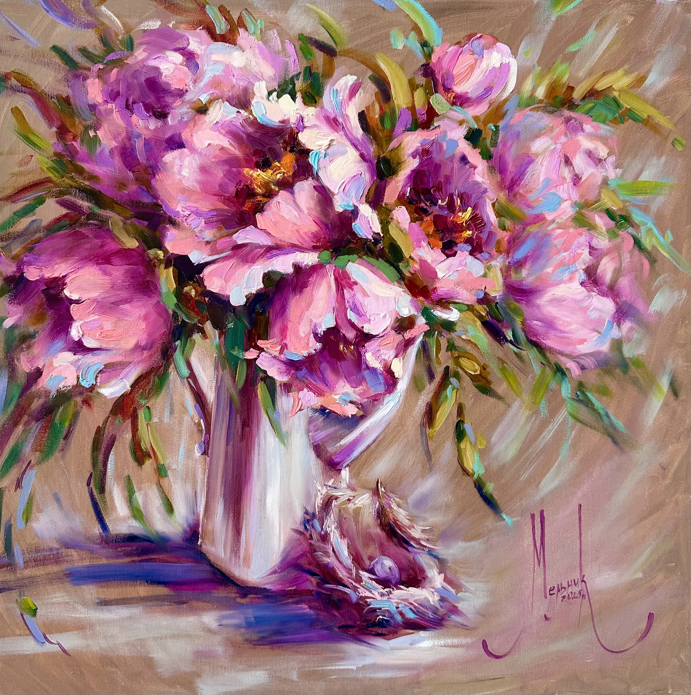 Зображення "Where Peonies Bloom" від Iryna Melnyk, розмір: 60x60 cm, матеріали: Oil, canvas , медіум: Живопис, серія: My garden blooms, ціна: $400