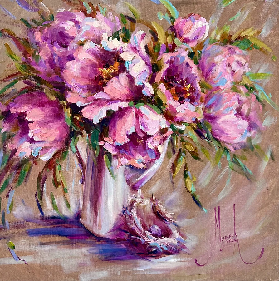 Зображення "Where Peonies Bloom" від Iryna Melnyk, розмір: 60x60 cm, матеріали: Oil, canvas , медіум: Живопис, серія: My garden blooms, ціна: $400
